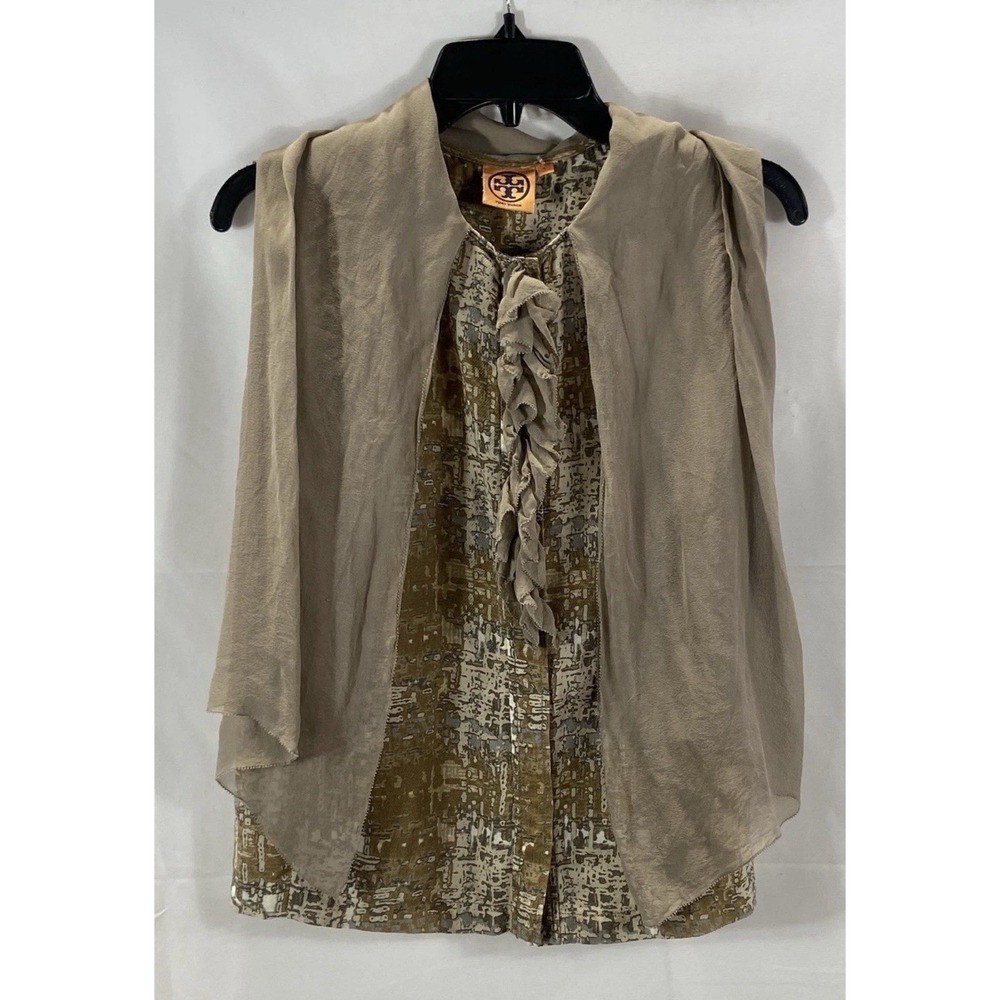 Tory Burch Women's Brown Abstract Wool Silk Ruffle Blouse Top Size 4